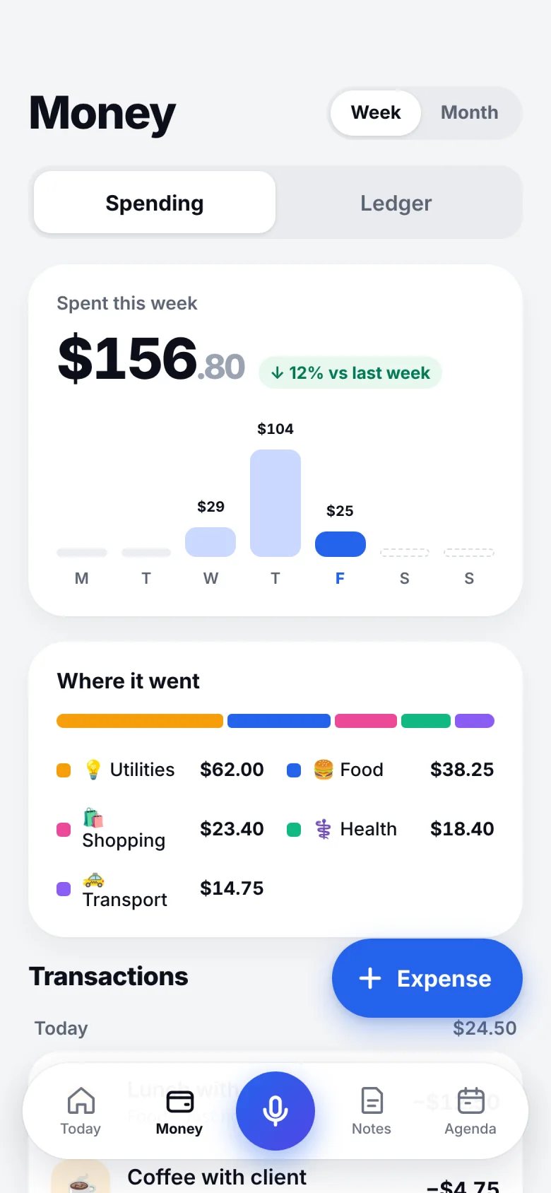 Companion Money screen showing this week’s spending by category