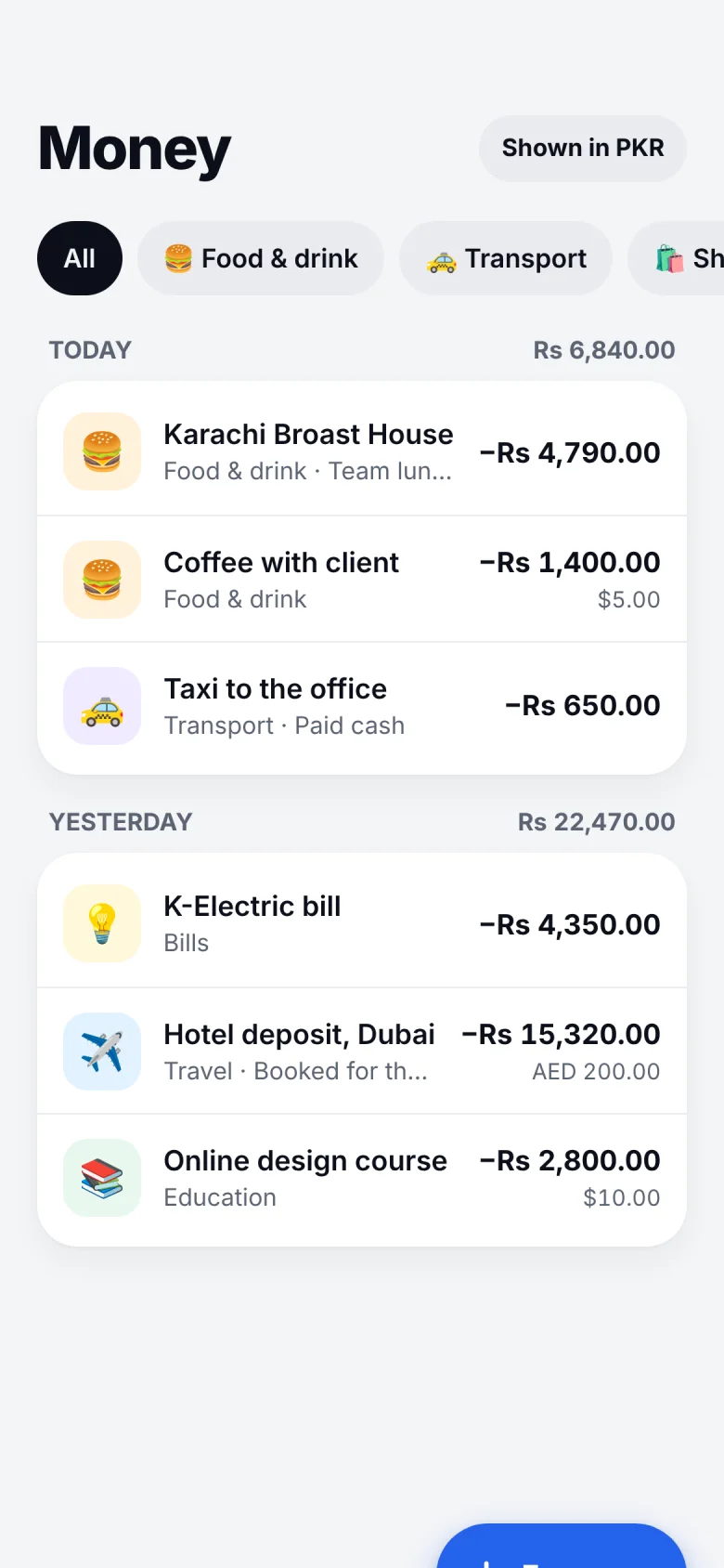 Companion Money screen listing transactions by day, shown in PKR with the original currency beside each