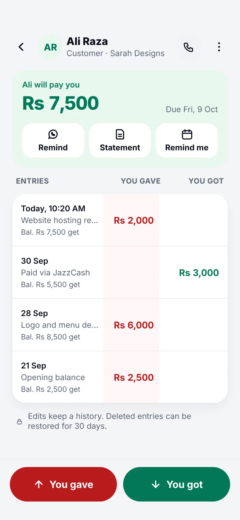 Companion ledger page for Ali Raza with every entry and a running balance of Rs 7,500