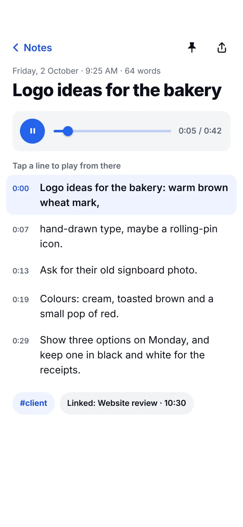 Companion voice note with its recording and transcript; tapping a line plays from there