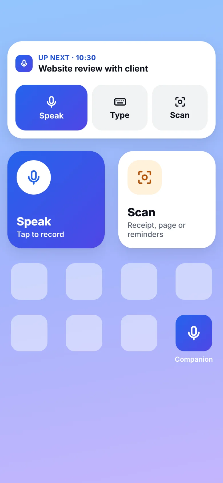 iPhone home screen with Companion’s Speak and Scan widgets